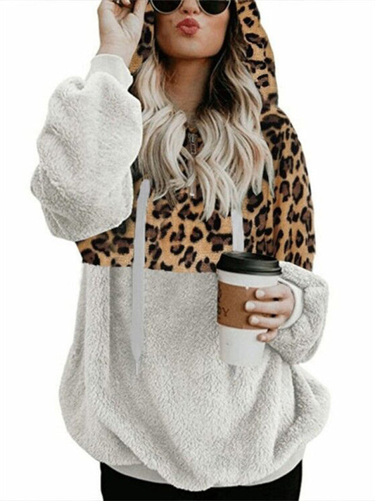 New Autumn and Winter Women's Sexy Leopard Print Zipper Pocket Top Plush Hooded Sweatshirt Womens