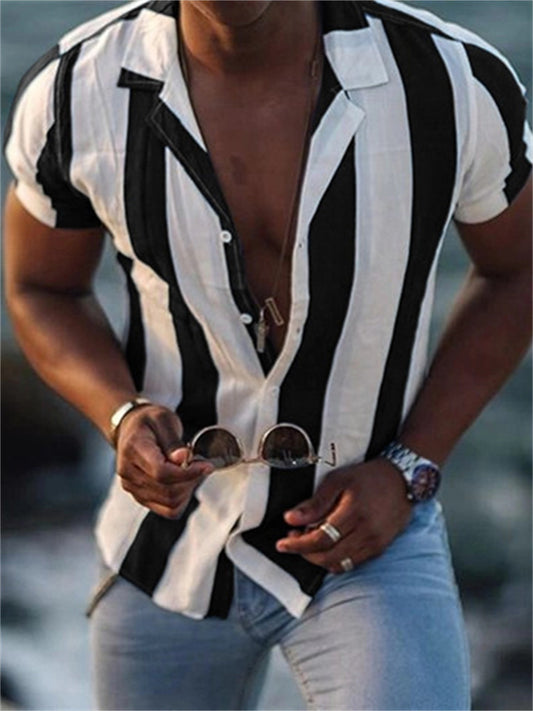 Men's Shirt Striped Collar Street Daily Button-Down Print Short Sleeve Tops Casual Fashion Breathable Comfortable Blue Orange Red / Summer/Vacation/Holiday/Summer Shirts