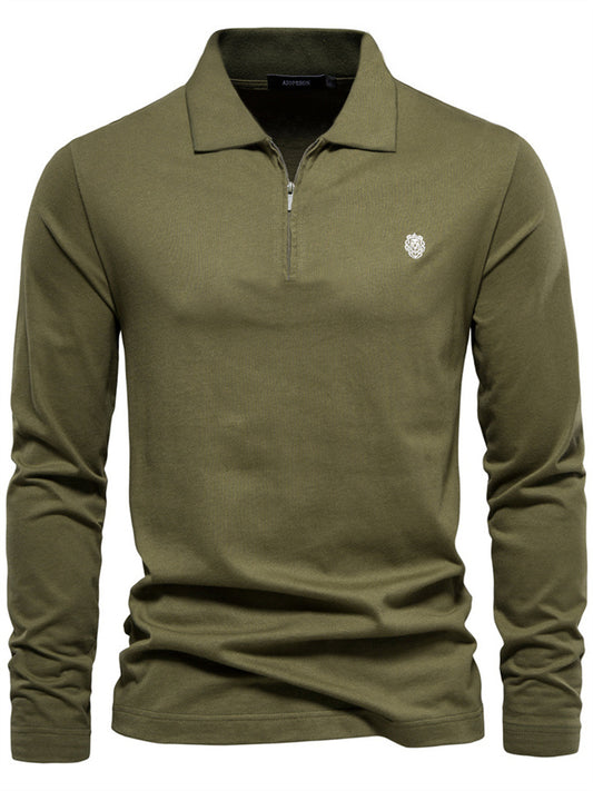 Men's Fall/Winter Polo Shirt Casual Solid Color Top Zipper Collar Cotton Polo Long Sleeve