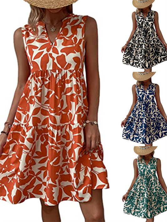 Women's Bohemian Plant Floral Fashion Digital Print Dress Loose V-neck Pleated Print Dresses Women
