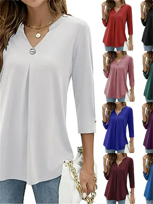 Women's Blouse Shirt Tunic Green Blue Purple Plain Flowing tunic 3/4 Length Sleeve Daily Weekend Streetwear Casual V Neck Regular