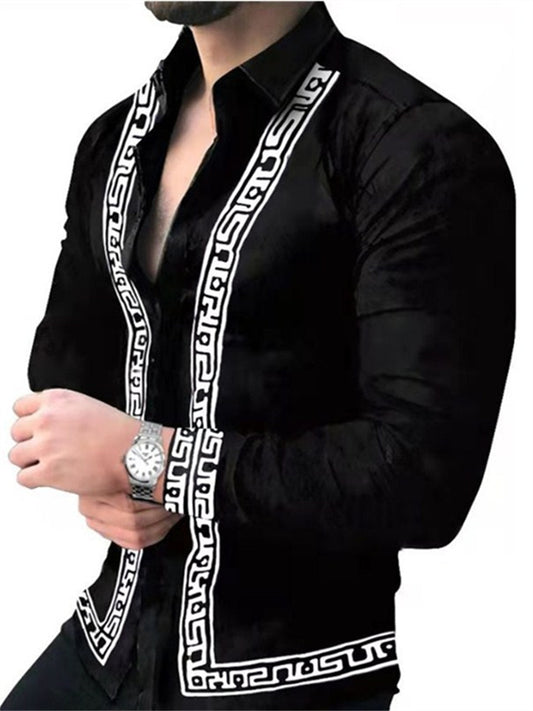 Men's New Fashion Printing Youth Long-sleeved Lapel Shirt Casual Shirt