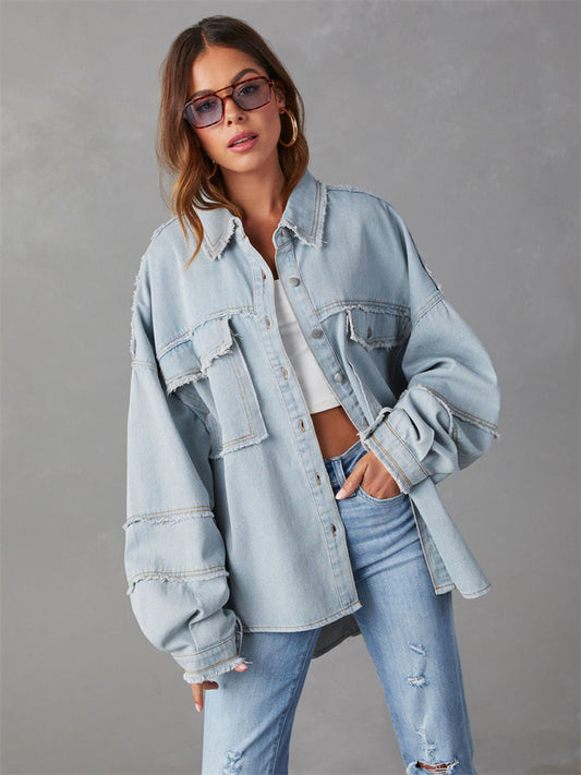 Casual Long-sleeved Denim Jacket Autumn New Washed Solid Color Lapel Medium-length Jacket
