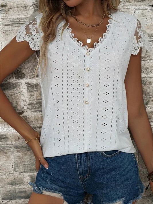 Women's New Fashionable Loose-Fit Solid-Color Lace V-Neck Petal-Sleeve T-Shirt