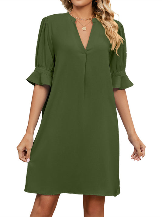 Explosive Doll Dresses In Europe and The United States New Women's Square Neck Silky Shrink Pleated Ruffle Sleeves High Waist Loose Dresses