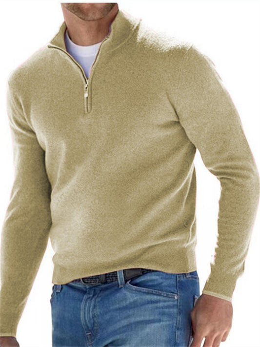 New Autumn Solid Color Long-sleeved V-neck Wool Fleece Zipper Men's Casual Tops Polo Shirt Loose Type Sweater