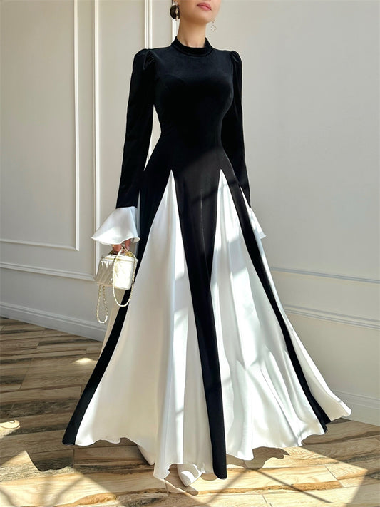 Fall New Arrival Women's Bell-Sleeve Color-Blocked Patchwork Elegant Waist-Defining Dress