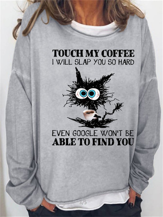 Women's Sweatshirt Pullover Active Vintage Streetwear Print Green Blue Purple Cat touch my coffee i will slap you so hard even google won't be able to find you Loose Fit Daily Round Neck Long Sleeve