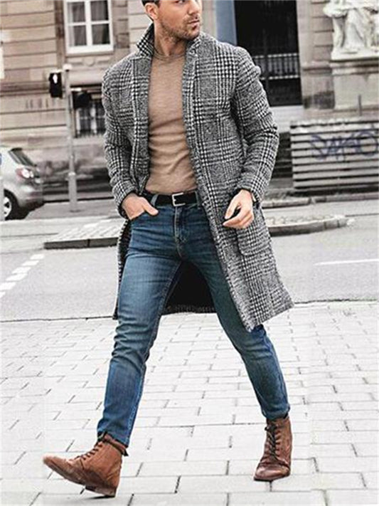Men's Winter Coat Overcoat Business Casual Winter Fall Polyester Outerwear Clothing Apparel Houndstooth Notch lapel collar Open Front