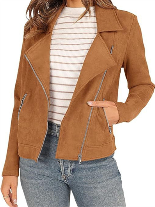 Autumn and Winter New Fashion Faux Deerskin Biker Jacket Solid Color Zipper Pocket Short Jacket