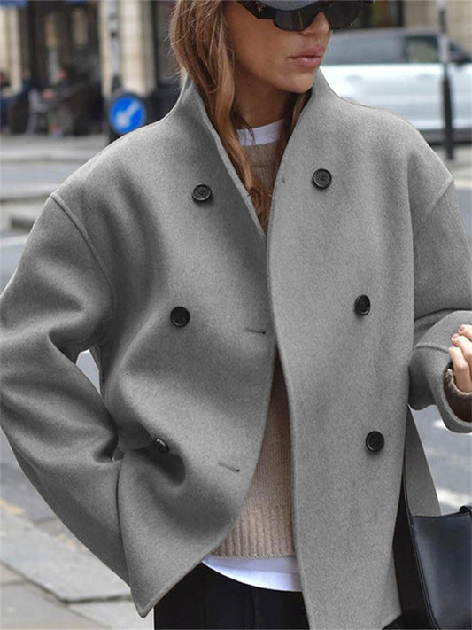Women's Double-Breasted Solid Color Wool Coat - Casual Versatile and Stylish Outerwear