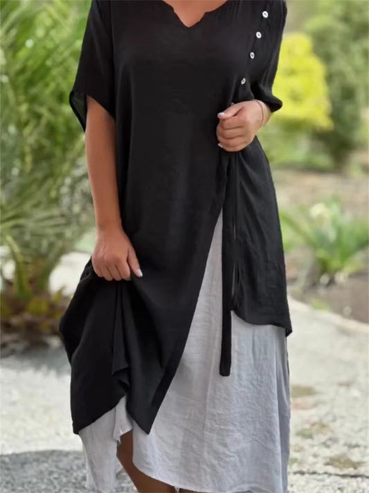 Fashion V-neck Short-sleeved Fake Two Pieces Asymmetric Dresses Spring and Summer New Irregular Dress Comfortable Casual Wind