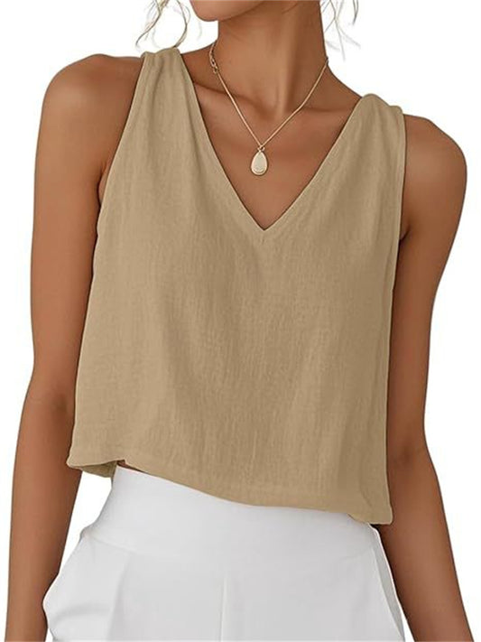 New Women's V-neck Cropped Cotton-Linen Tank Top / Summer Sleeveless Shirt