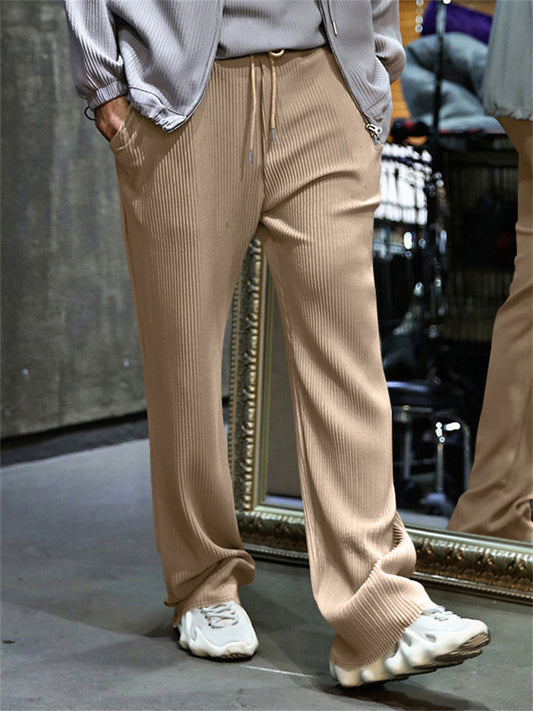 Spring/Fall Jacquard Striped Wide-Leg Men's Pants - Casual Relaxed Fit Corduroy Drawstring Straight Leg Trousers