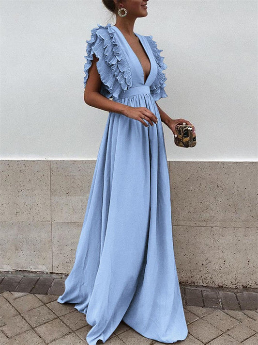 Solid Color Sexy Dress V-neck Ruffle Sleeve Long Dress