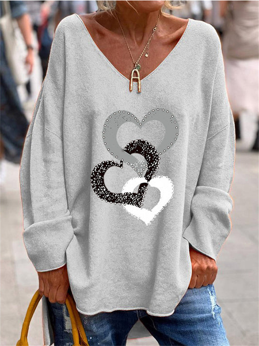 New Fall/Winter Women's Printed V-Neck Long-Sleeve Heart Pattern Relaxed T-Shirt Top