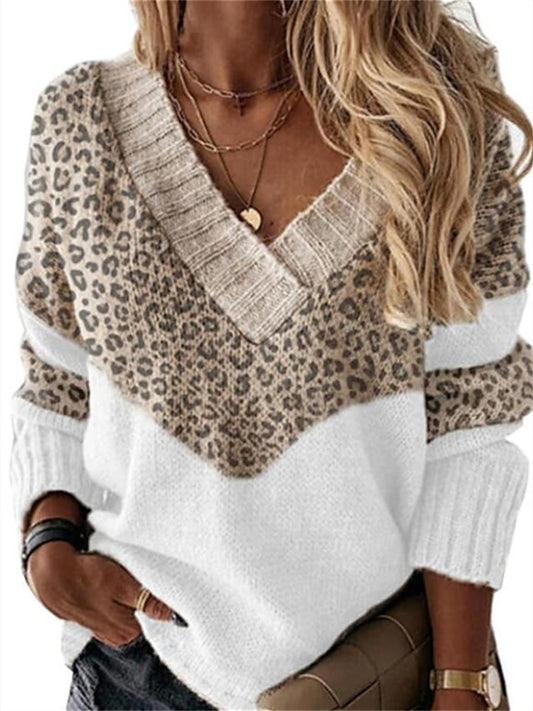 Women's Pullover Sweater Jumper Patchwork Print Leopard Print Color Block Stylish Basic Casual Long Sleeve Regular Fit Sweater Cardigans V Neck Fall Winter Khaki / Daily / Holiday / Going out