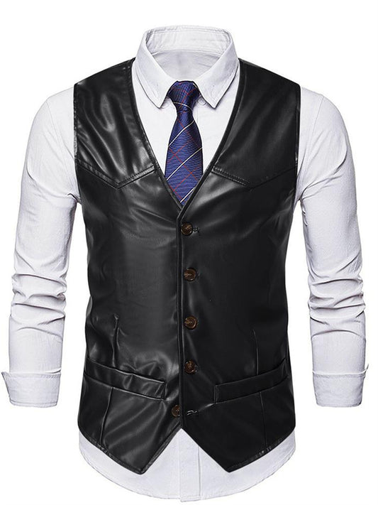 Men's Fall/Winter PU Vest - Fashionable Vintage Men's Vest with V-Neck Casual Leather Vest