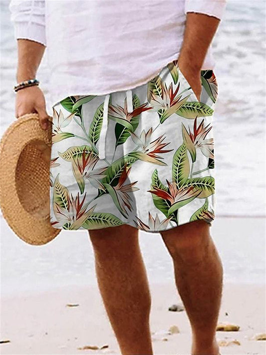 3D Printed Shorts Drawstring Shorts Leaf Botanical White Green Casual