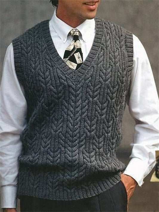 Spring and Autumn New Knitted Vest Men's Twisted Flowers V-neck Solid Color Casual Sweater