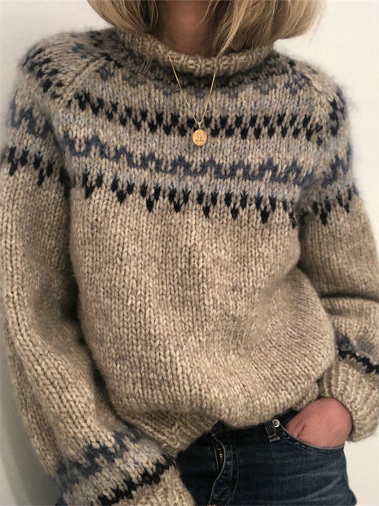 Women's Winter Sweater - Half-High Neck Straight-Cut Printed Unisex Sweater