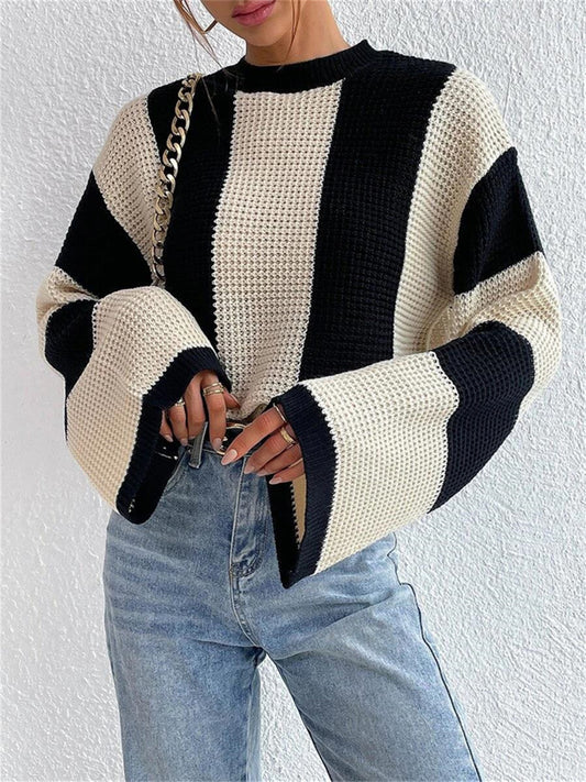 Spring and Autumn Dressy Knit Sweater Top Round Neck Striped Design Niche Sweater Women's Clothing