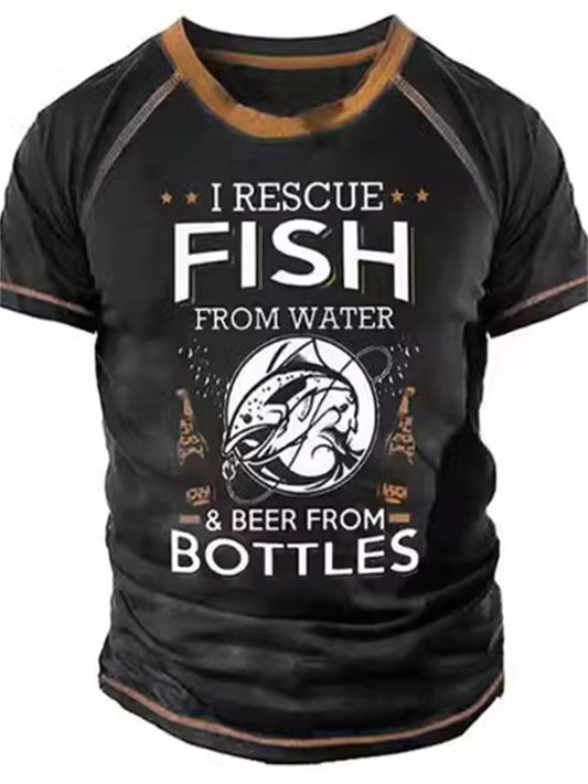 Men's Vintage Short-sleeved T-shirt Outdoor 3D T-shirt Round Neck Fishing Pattern T-shirt