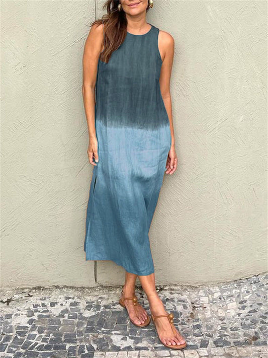 Women's Summer  Casual Cotton and Linen Sleeveless Slit Gradient Color Round Neck Dresses