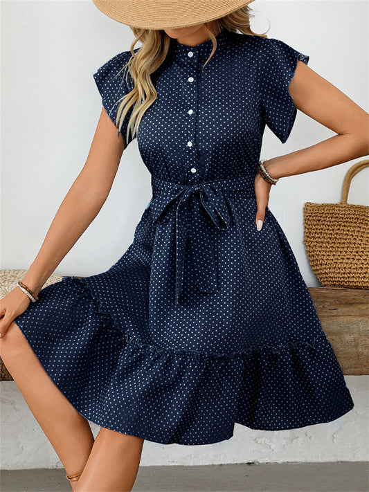 Women's Vacation-Style Polka Dot Dress Summer Ruffled Short Sleeve Tie-Waist A-line Dress
