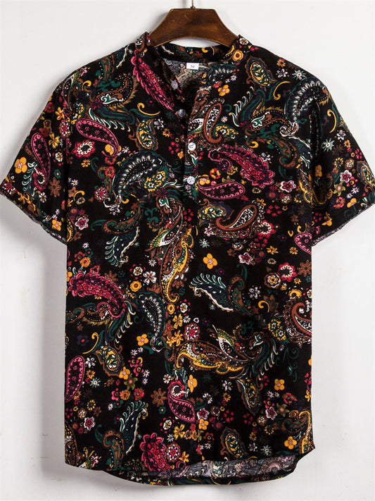 Summer New Men's Large Size Floral Pattern Slim Stand-up Collar Printed Short-sleeved Loose Fashion Shirt