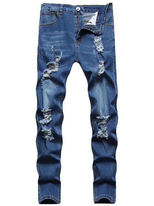 New Men's Broken Holes Grinding White Slim Denim Pants Casual Small Feet Pants