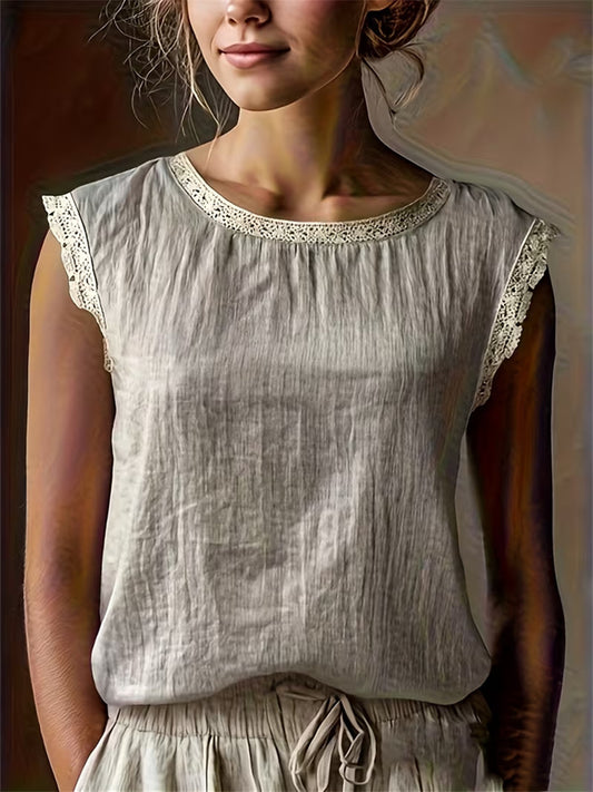 New Summer Women's Loose-Fit Solid Color Round Neck Lace Sleeveless Cotton-Linen Blouse