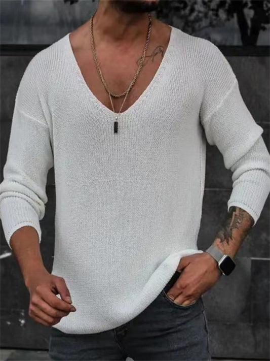 Men's Solid Color Bohemian Wind Loose Casual Long-sleeved Collar Pullover T-shirt Spring and Autumn Thin Section Tops