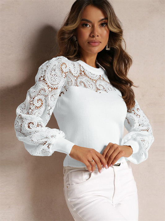 New Splicing Lace Women's Temperament Intellectual Wind Hollow Long-sleeved T-shirt