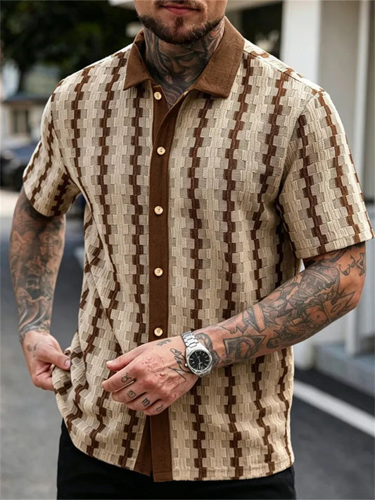 Men's Summer Shirt Retro Checkered Knit Short-Sleeve Shirt