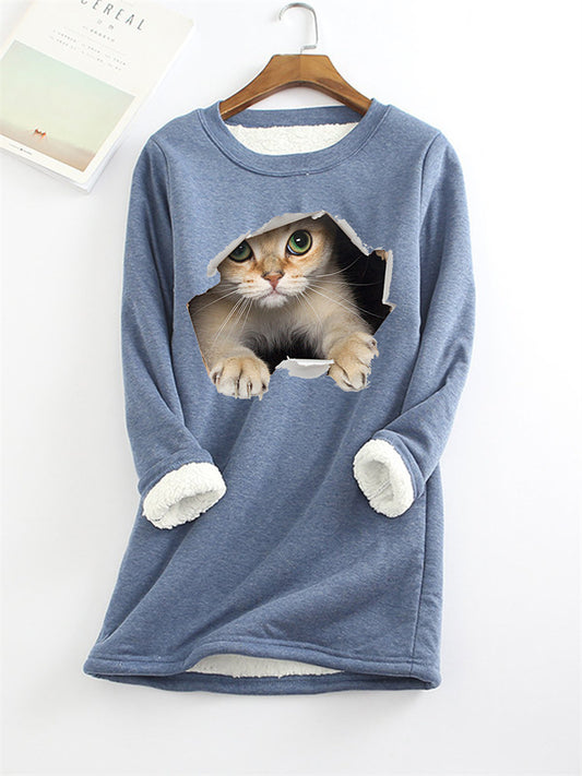 Women's Sweatshirt Pullover Sherpa Fleece Teddy Denim Blue Green Black Cat Street Round Neck Long Sleeve S M L XL 2XL 3XL