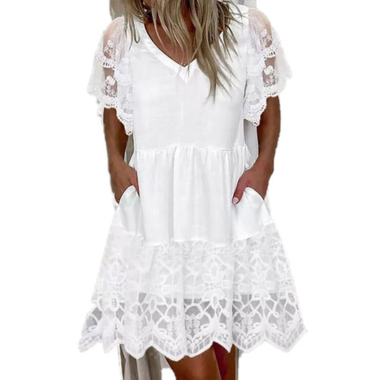 Spring and Summer Solid Lace Patchwork Lace 3 / 4 Sleeve Medium Length Dress