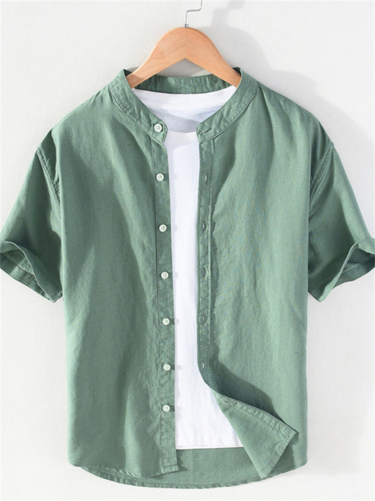 Summer New Arrival Men's Short-Sleeve Shirt with Stand-up Collar Casual Cotton-Hemp Blend Shirt