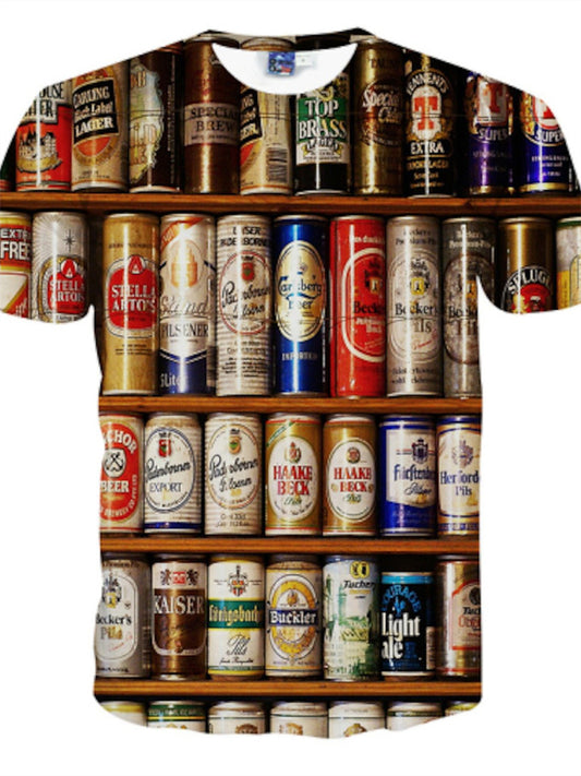 Summer Casual Round Neck Short Sleeve Beer Can 3D Printed Men's T-Shirt
