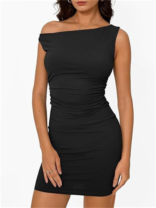 Women's Off-the-shoulder Sleeveless Bodycon Dress Solid Color Straight Neckline Dress