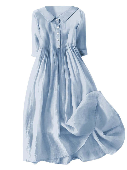 New Arrival Women’s Casual Cotton-Linen Solid-Color Loose-Fit Peter Pan Collar Three-Quarter Sleeve Dress