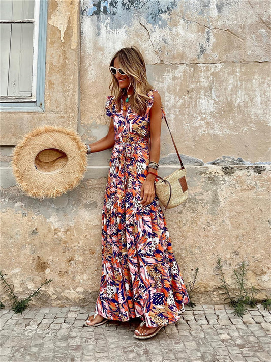 Spring and Summer Casual Temperament Women's Midriff Printed Long Dress Sleeveless V-neck Big Swing Dress Personality Street Style