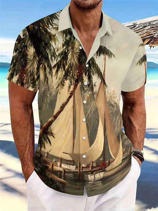 Men's Summer Hawaiian Beach Coconut Tree Print Short-Sleeve 3D Shirt