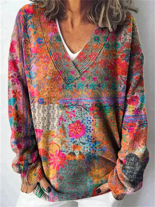 V-Neck Long Sleeve Brushed Fleece Sweatshirt - Fall/Winter Colorful Floral Print Knit Sweater