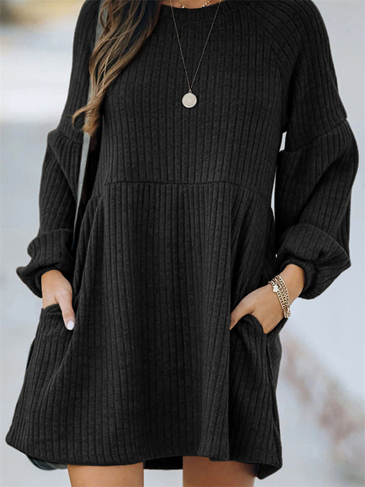 Solid Color Round Neck Knit Long Sleeve Dress