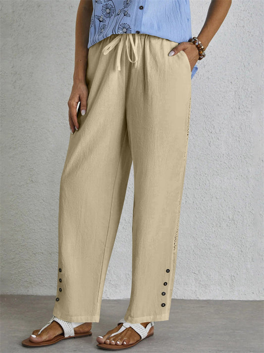 Women's New Arrival Cotton-Linen Drawstring Lace-Trimmed Button-Front Solid-Color Casual Pants