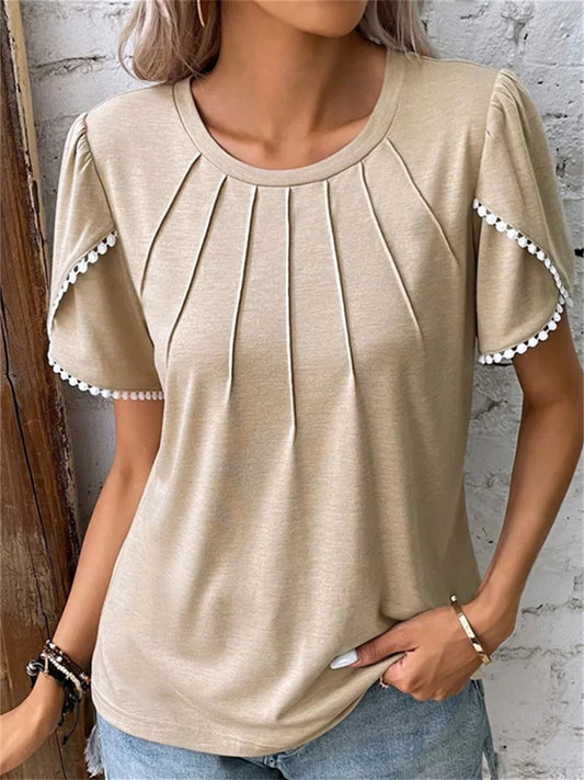 Summer Women's Round Neck Solid Color Pressed Pleated Short Sleeve Lace Casual T-shirt Shirt Khaki Blue Green Gray White Pink