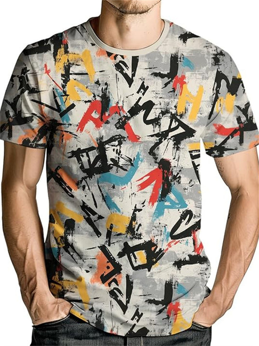 Men's Graffiti Letter Print Short Sleeve T-shirt Men's Summer Short Sleeve 3D T-shirt