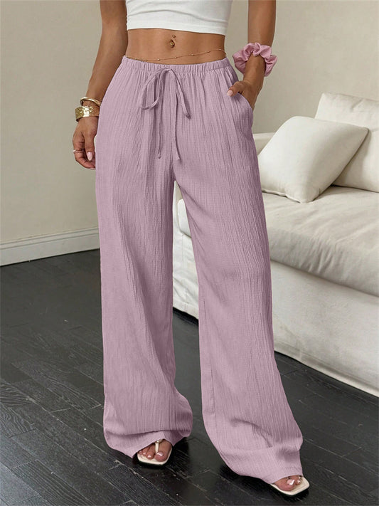New Summer Women's Casual Solid-Color Textured Fabric Wide-Leg Pants with Slanted Pockets