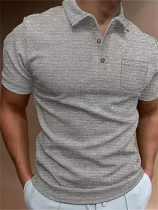 Men's Polo Shirt Waffle Polo Shirt Golf Shirt Solid Colored Turndown Black Blue Khaki Gray White Street Daily Short Sleeve Button-Down Clothing Apparel Fashion Casual Comfortable Big and Tall